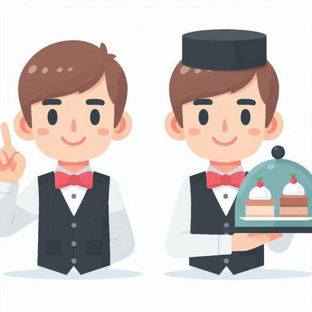 Illustration of a waiter holding a tray with a cake and a manのイラスト素材