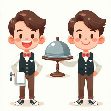 Waiter and waiter holding a tray. Vector illustration in cartoon style.のイラスト素材