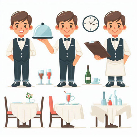 Waiter character set in different poses. Vector illustration in cartoon style.のイラスト素材