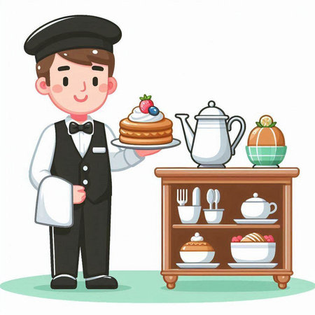 Illustration of a Cute Waiter Serving a Cake in a Restaurantのイラスト素材