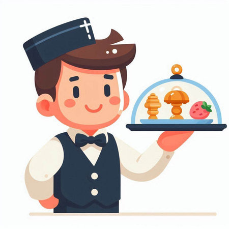 Illustration of a waiter holding a tray with a plate of foodのイラスト素材