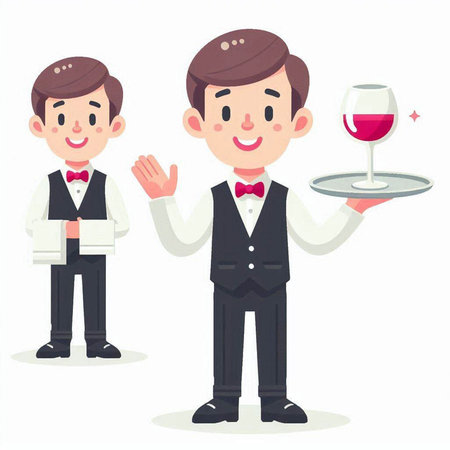 Waiter and waiter with a tray of wine, vector illustration.のイラスト素材