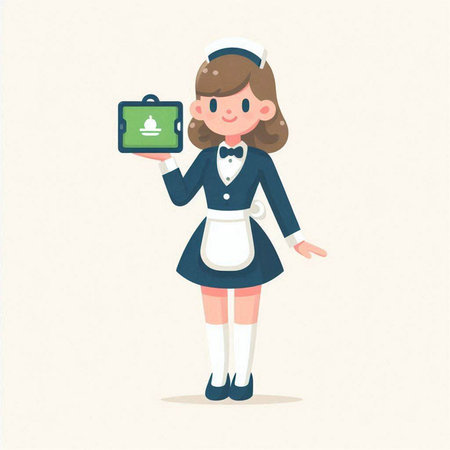 Cute maid holding a lunch box. Vector illustration in cartoon style.のイラスト素材