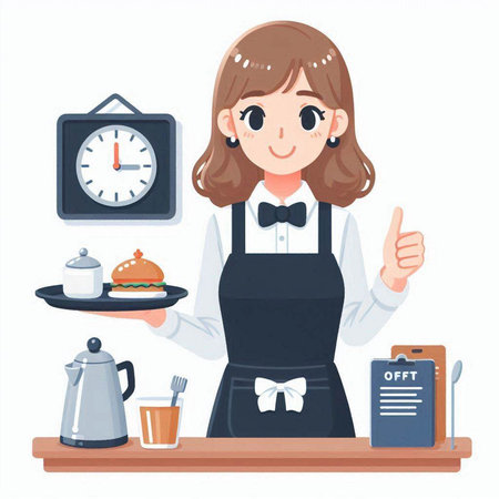 Waitress holding a tray of food and showing thumbs up. Vector illustration.のイラスト素材