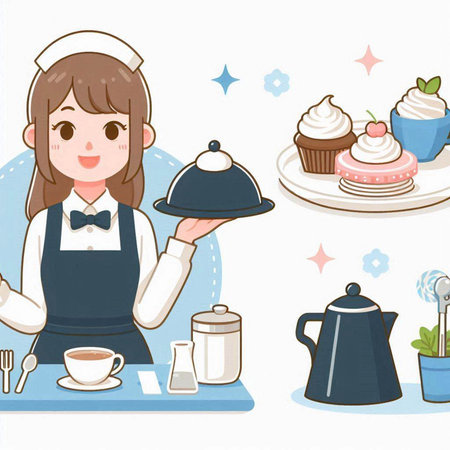 Illustration of a maid serving a cupcake with a tray.のイラスト素材