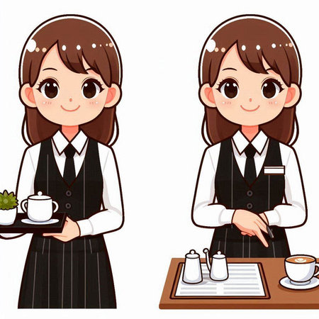 Waitress in uniform with a cup of coffee. Vector illustration.のイラスト素材
