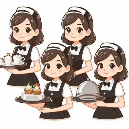 Illustration of a waitress holding a tray with a variety of dishesのイラスト素材