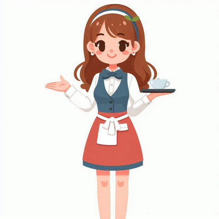 Illustration of a cute waitress holding a tray with a cup of coffeeのイラスト素材