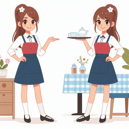 Waitress in a cafe. Vector illustration of a young waitress in a cafe.のイラスト素材
