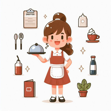 Cute little girl in apron with menu on white background.のイラスト素材