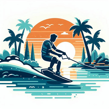 Man rowing on a boat in the sea. Vector illustration.のイラスト素材