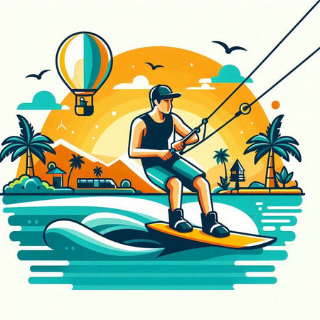 Man wakeboarding on the beach. Vector illustration in retro style.のイラスト素材