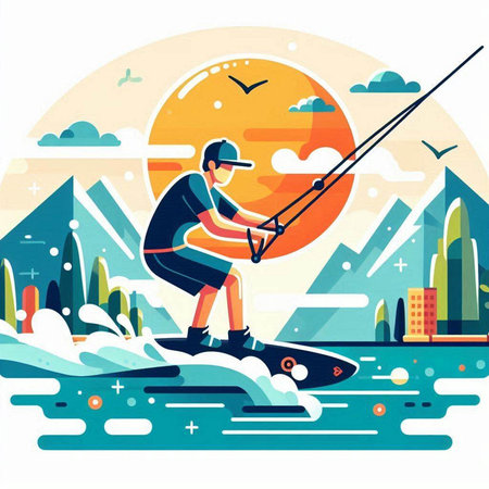 Fisherman on the background of the city. Vector illustration.のイラスト素材