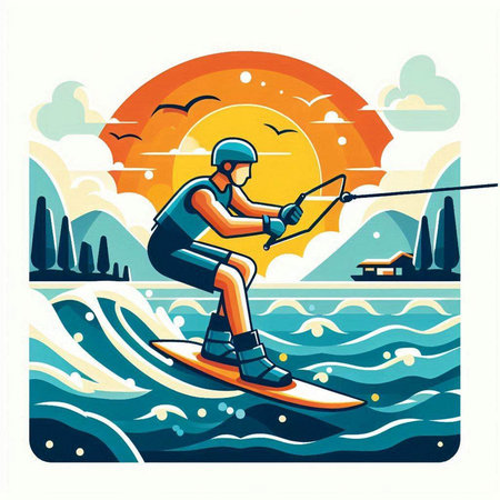 Kitesurfing in the summer. Vector illustration in flat styleのイラスト素材