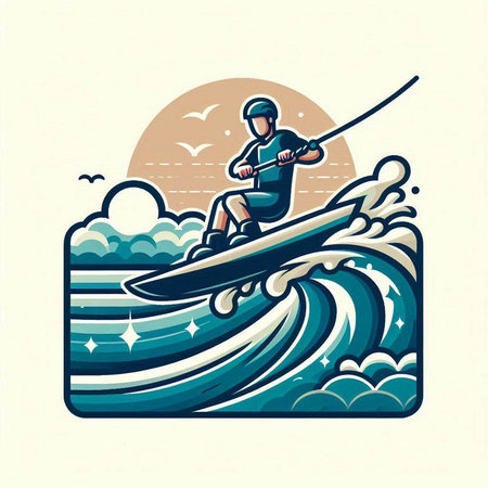 Vector illustration of a man rowing on a surfboard with waves in the backgroundのイラスト素材