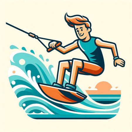 Vector illustration of a young man riding a wakeboard on the seaのイラスト素材