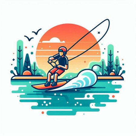 Water sport - wakeboarder on the background of the sunset. Vector illustrationのイラスト素材