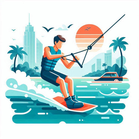 Kitesurfing on the beach. Vector illustration in flat styleのイラスト素材