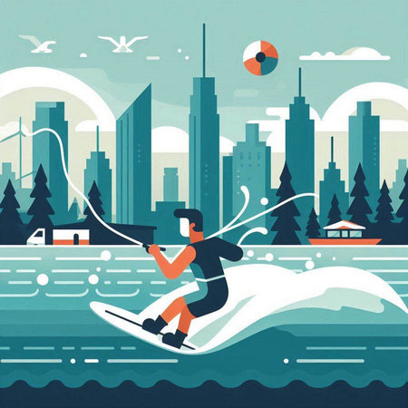 Vector illustration of a man on a water skiing in the city.のイラスト素材