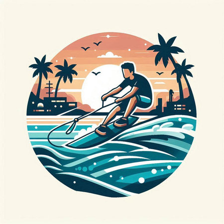 Vector illustration of a man on a paddle board on the background of the sea and palm treesのイラスト素材