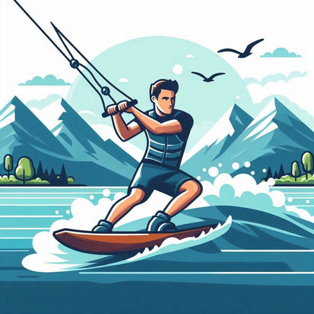 Man on a wakeboard in the mountains. Cartoon vector illustration.のイラスト素材