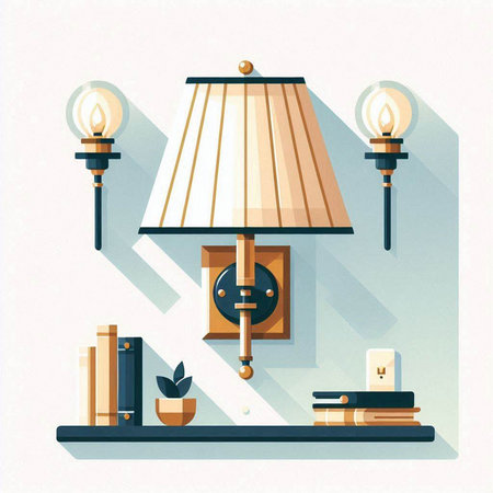 Flat design vector illustration of interior with lamp, bookshelf, lampshade.のイラスト素材