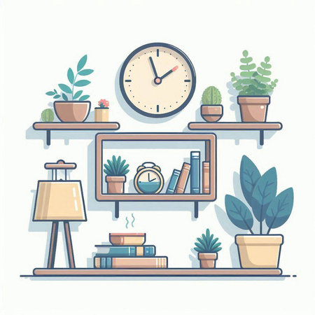 Flat design vector illustration of home interior with bookshelf, clock, lamp and plants.のイラスト素材
