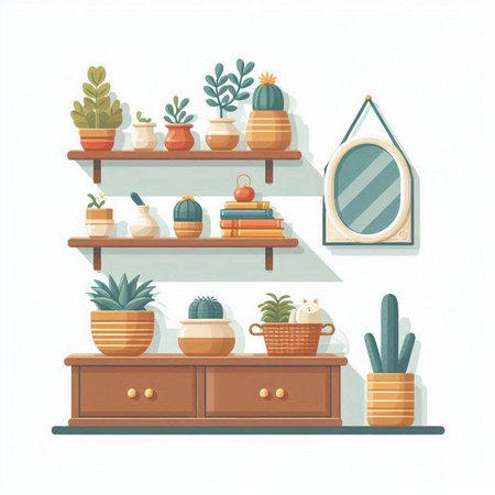 Vector illustration of shelves with different houseplants and cacti.のイラスト素材