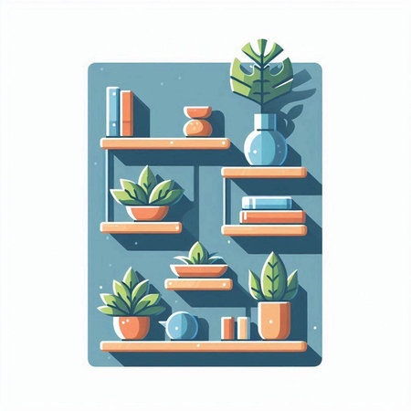 Bookshelf with books and plants. Flat design vector illustration.のイラスト素材