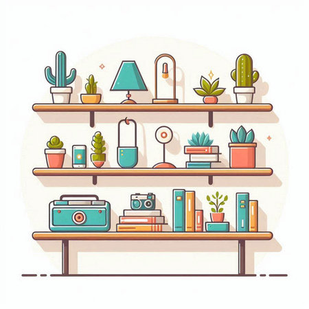 Bookshelf with books and houseplants. Flat style vector illustration.のイラスト素材