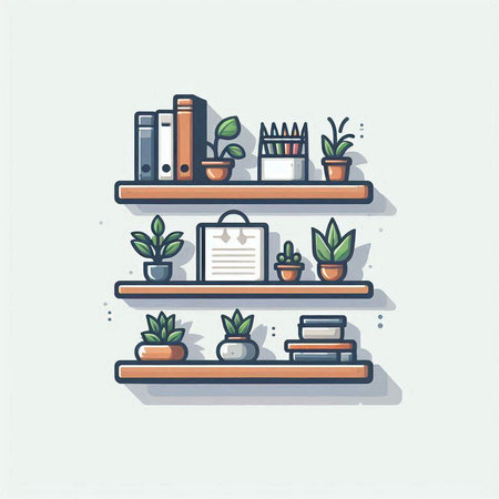 Bookshelf with books and plants. Vector illustration in flat styleのイラスト素材