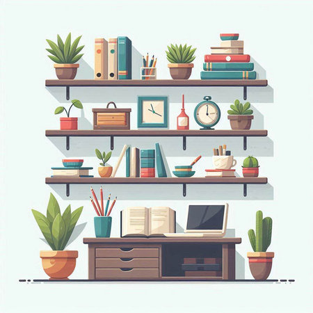 Bookshelf with books and home decorations. Vector illustration in flat styleのイラスト素材