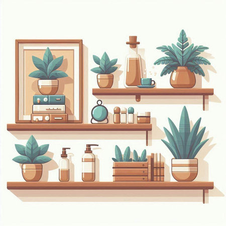 Wooden shelf with houseplants. Vector illustration in flat styleのイラスト素材