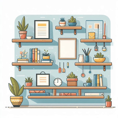 Bookshelf with books and potted plants. Vector illustration.のイラスト素材