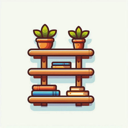 Wooden shelf with books and potted plants. Vector illustration.のイラスト素材