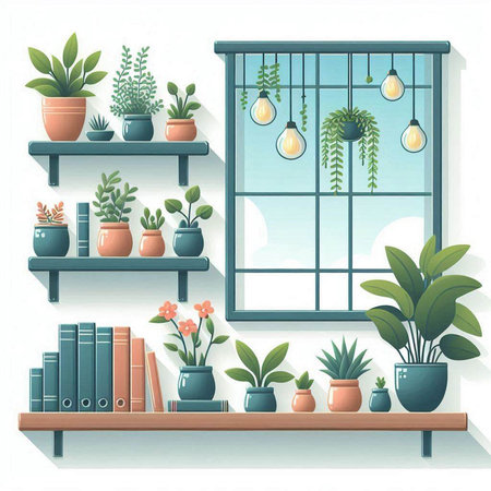 Flowers in pots on the shelf in the room. Vector illustration.のイラスト素材