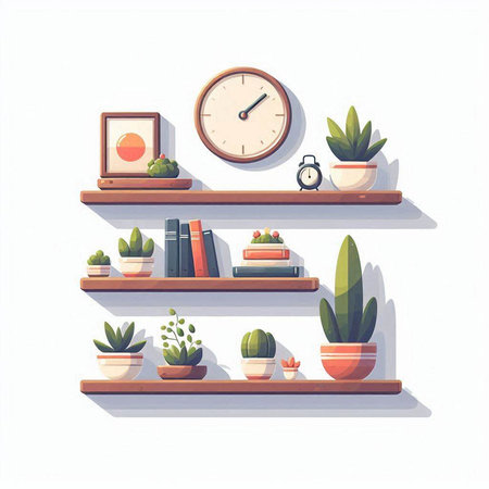 Bookshelf with books, potted plants and clock. Vector illustrationのイラスト素材