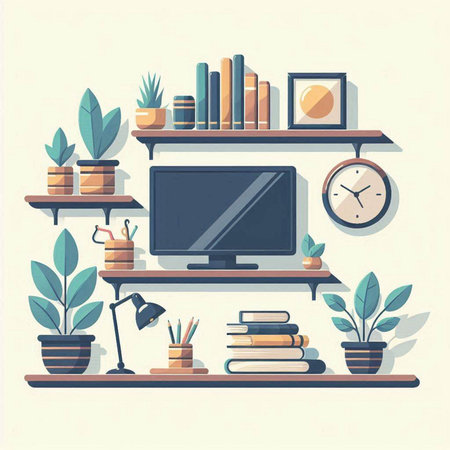Vector illustration of a shelf with books, plants and a TV.のイラスト素材