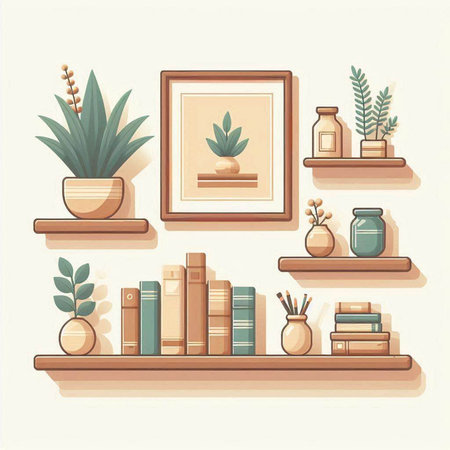 Vector illustration of bookshelves with books and plants in flat styleのイラスト素材