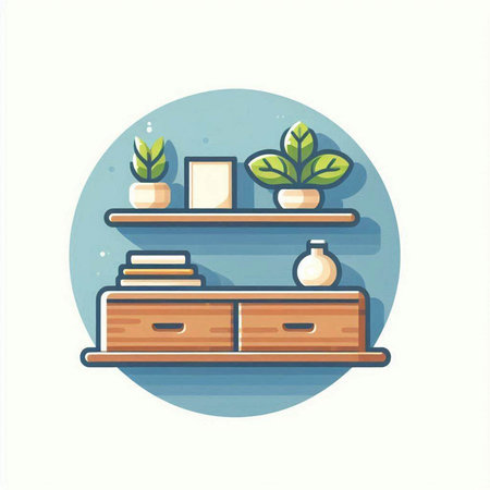 Wooden shelf with books and plants in flat style. Vector illustration.のイラスト素材