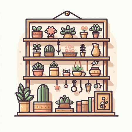 Vector illustration of shelves with succulents and plants in pots.のイラスト素材