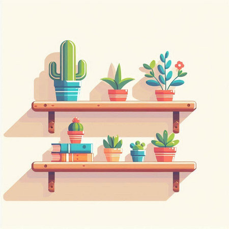 Vector illustration of a shelf with cacti and succulentsのイラスト素材
