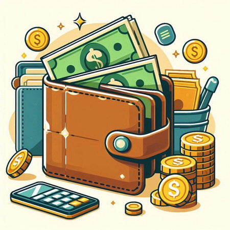 Vector illustration of a purse full of money and wallet with coins.のイラスト素材
