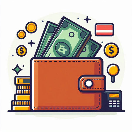 Wallet with money. Vector illustration in a flat style on a white background.のイラスト素材