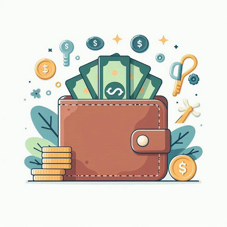 Vector illustration of a purse with money, coins and business icons.のイラスト素材