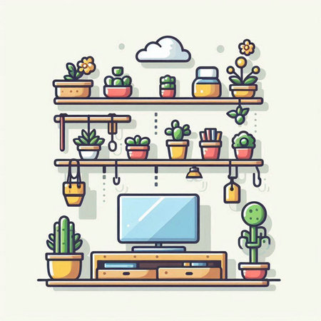 Flat line design modern vector illustration concept of living room interior with furniture and home plants.のイラスト素材