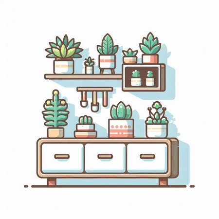Illustration of a shelf with succulents. Vector illustration.のイラスト素材
