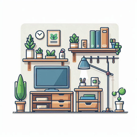 Living room interior with furniture and TV. Flat style vector illustration.のイラスト素材