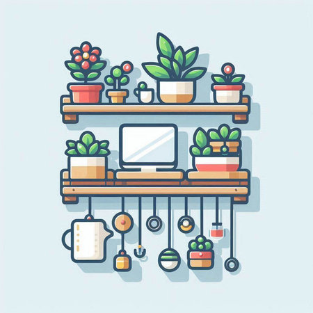 Vector illustration of a shelf with different home plants and furniture in flat style.のイラスト素材