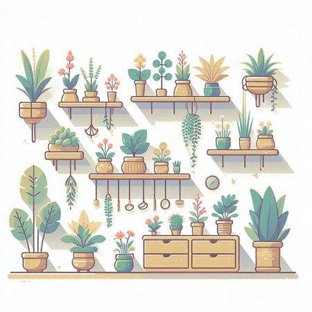 Flowers and plants in pots on a shelf. Vector illustration.のイラスト素材